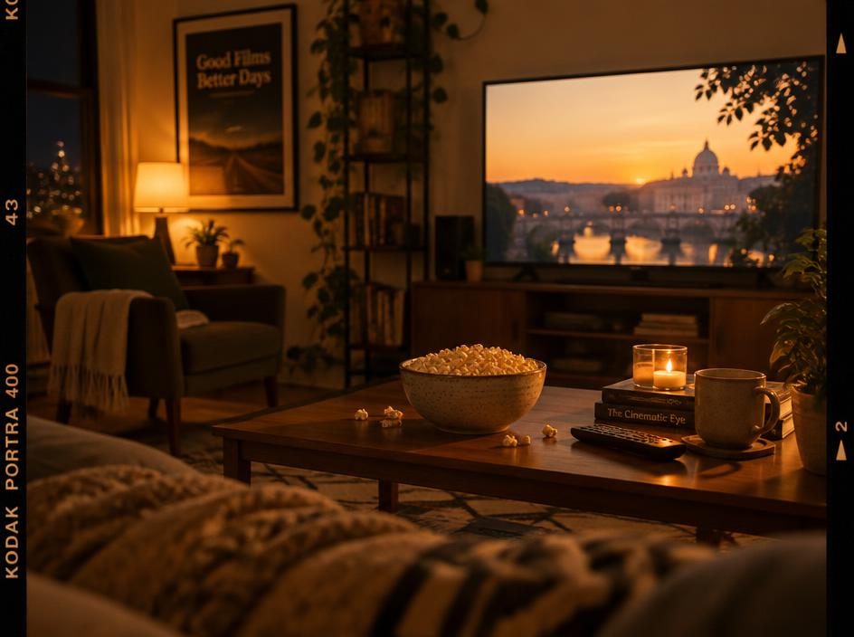 Sala de estar aconchegante com TV acesa e pipoca na mesa